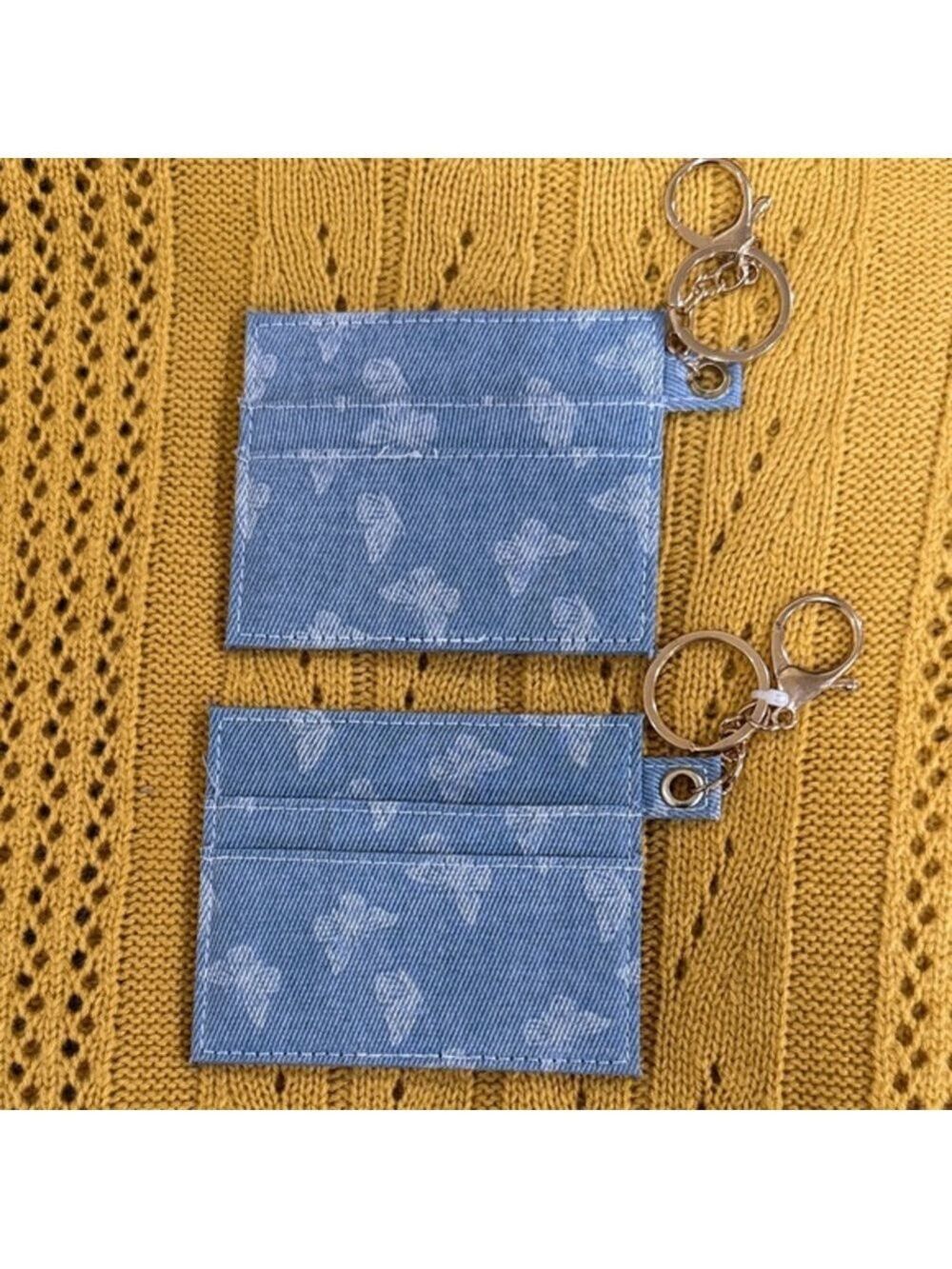 Blue Floral Denim Keychain Wallet set of two keychains Credit card holder